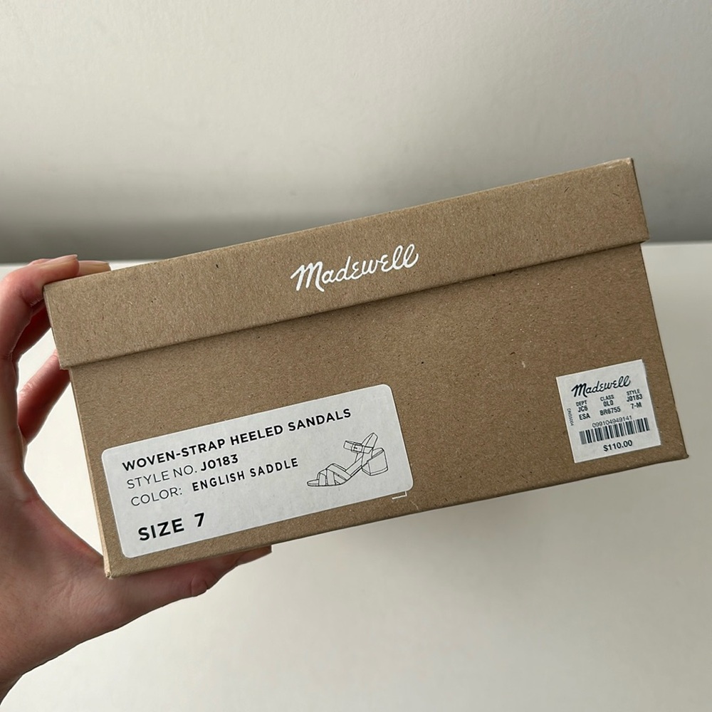 Madewell woven strap heeled sandals in English saddle